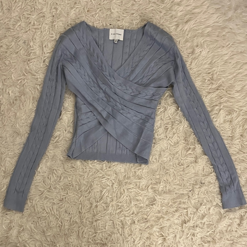 Pink Rose Light Blue Fitted Cross-Over Sweater